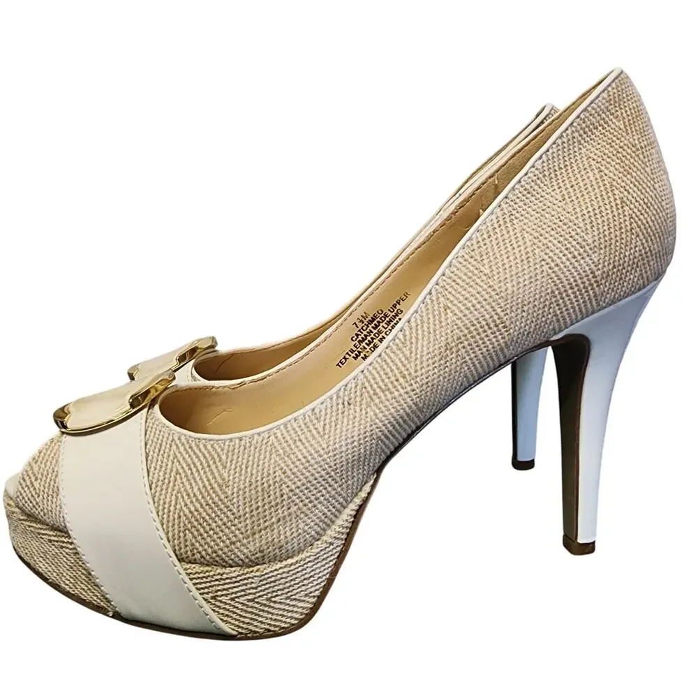 Nine West Women Shoes, Beige & Cream Fabric Print Peep Toe High Heel Pumps, 7.5M